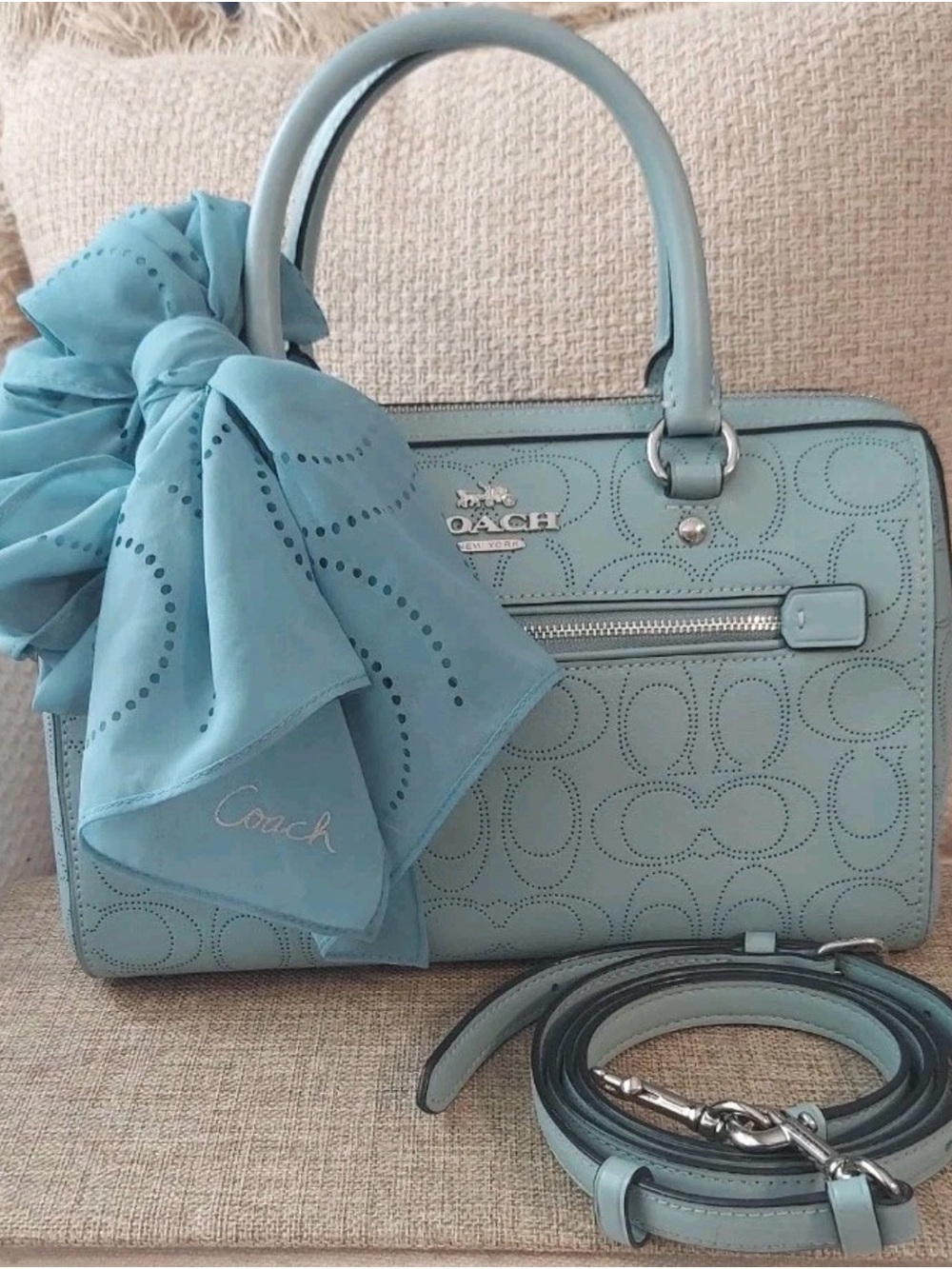 Coach Rowan Sky Blue Perforated Leather Bag with Scarf Accent - Picture 11 of 16